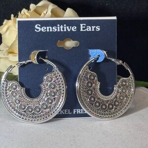 Sensitive Ears Silver Tone Textured 1.5 inch Hoop Earrings